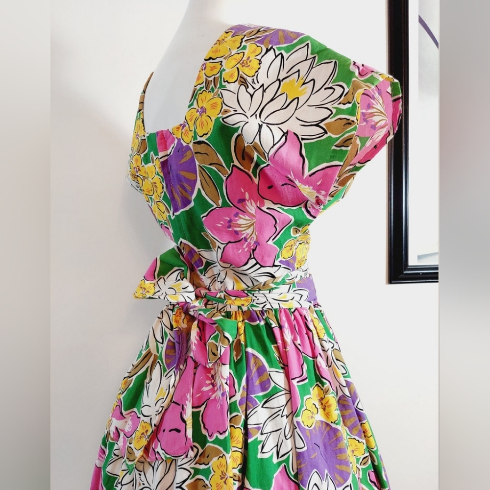 Vibrant Vintage 50s floral dress cotton handmade tropical dress - Picture 7 of 10